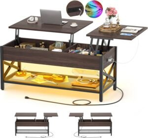 Aheaplus Lift Top Coffee Center Table with LED Light and Power Outlet, Modern Table with Storage Shelf for Living Room, 