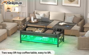 Aheaplus Lift Top Coffee Center Table with LED Light and Power Outlet, Modern Table with Storage Shelf for Living Room, Lift Tabletop